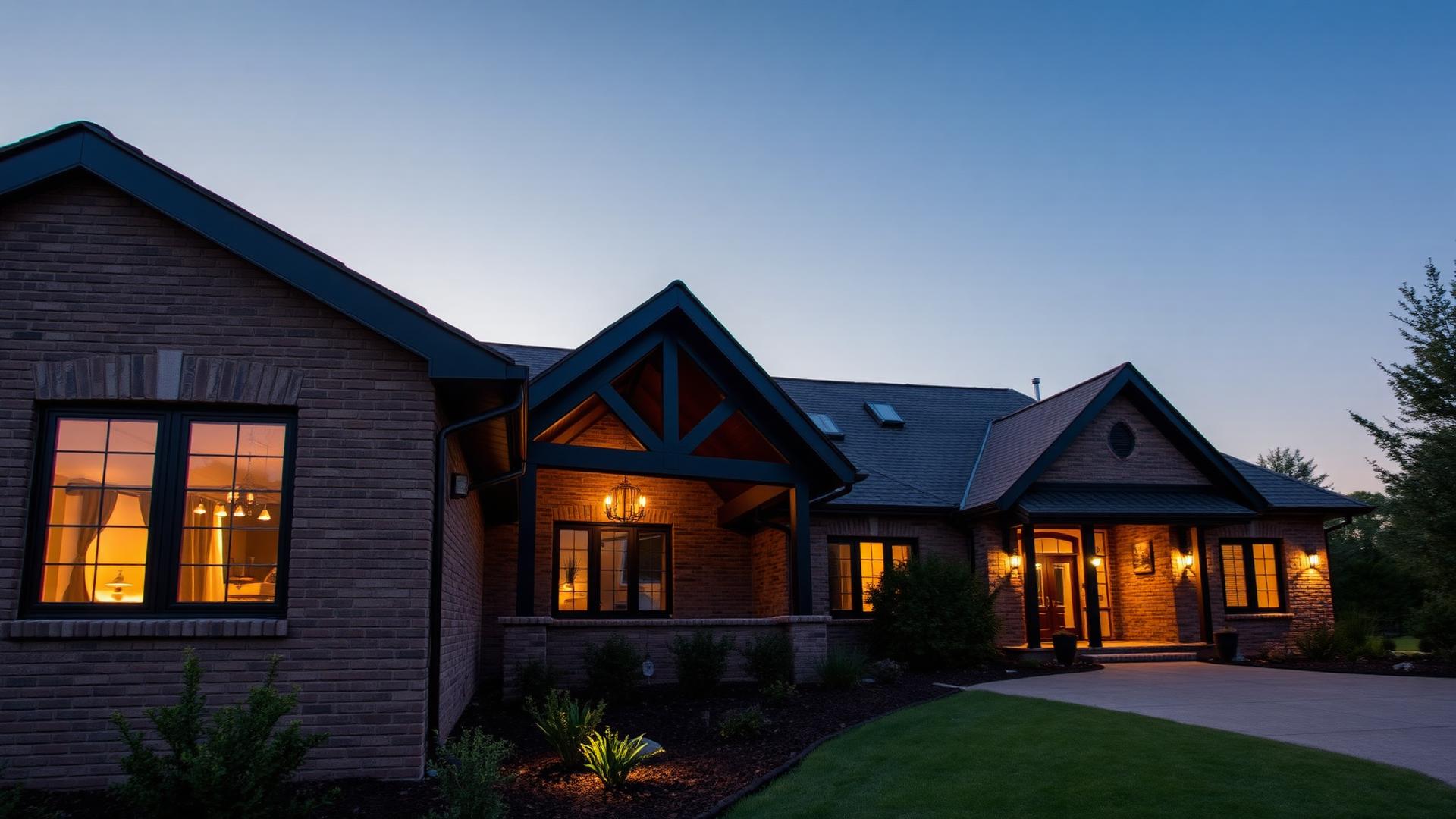Northwest Arkansas home with seamless gutters glowing warmly at dusk