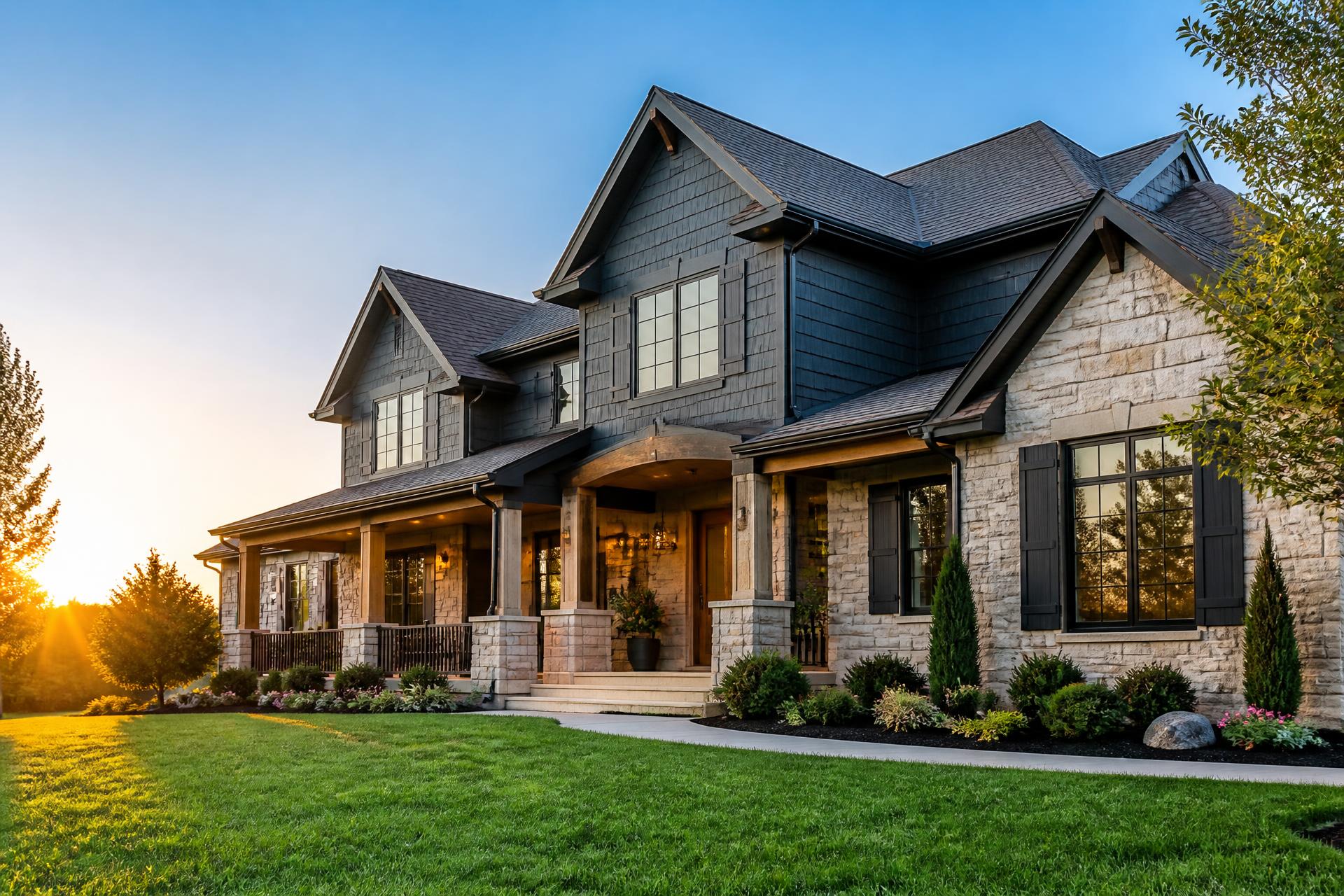 Beautiful Northwest Arkansas home with premium black seamless gutters at golden hour